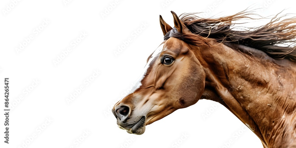 Obraz premium Mad rodeo horse on white background. Concept Animal Photography, Rodeo Performance, Equestrian Sports, Wild Horse, Aggressive Attitude
