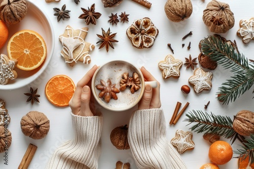 A view of female hands holding a mug with a hot drink surrounded by homemade cookies walnuts clementines and spices on a white table Copy space image photo