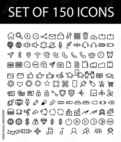 Contour linear icons for interface, business cards, locations, contacts, finance. Large set. Phone, Internet, mobile data, WiFi, storage, protection, avatar.