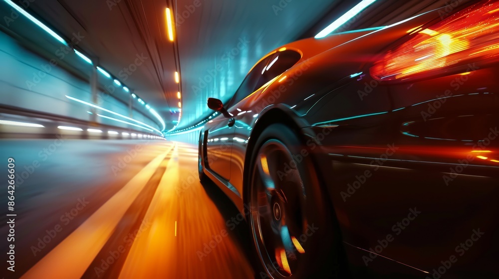 Black Sports Car Speeding Through a Neon Tunnel Black Sports Car Speeding Through a Neon Tunnel