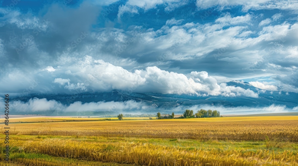 Rural landscape with dense clouds over wheat fields Rural landscape with dense clouds over wheat fields