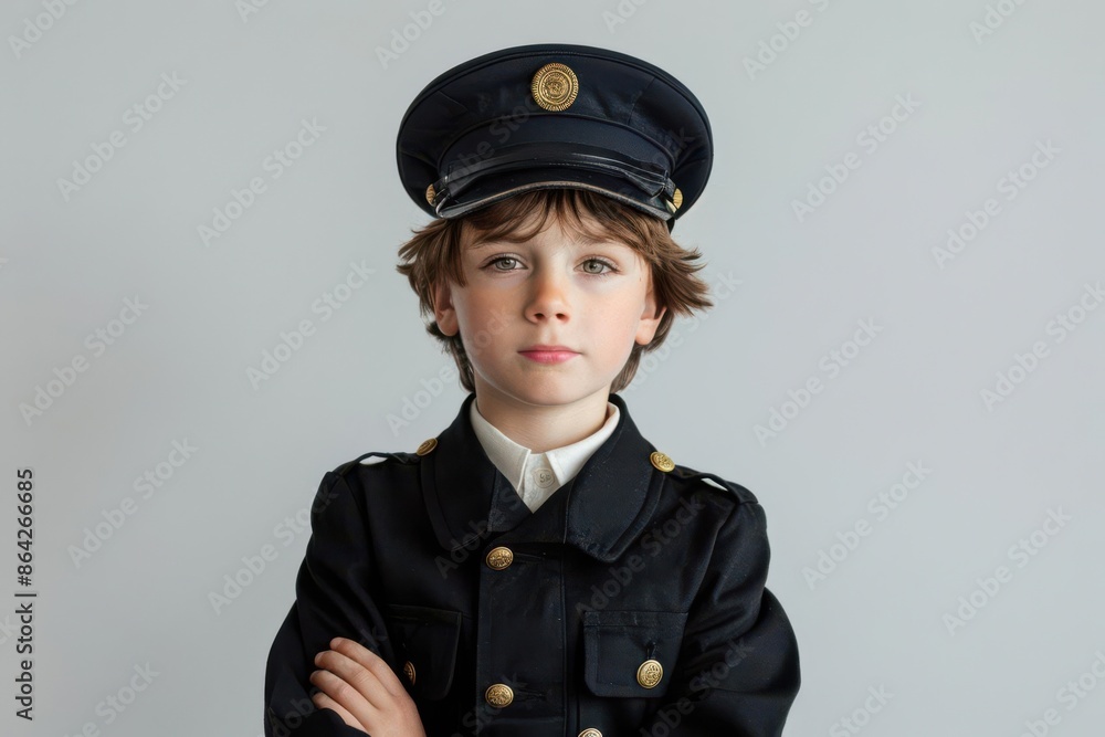 Boy dressed as a train conductor with a hat and ticket punch, white background, copy space Boy dressed as a train conductor with a hat and ticket punch, white background, copy space