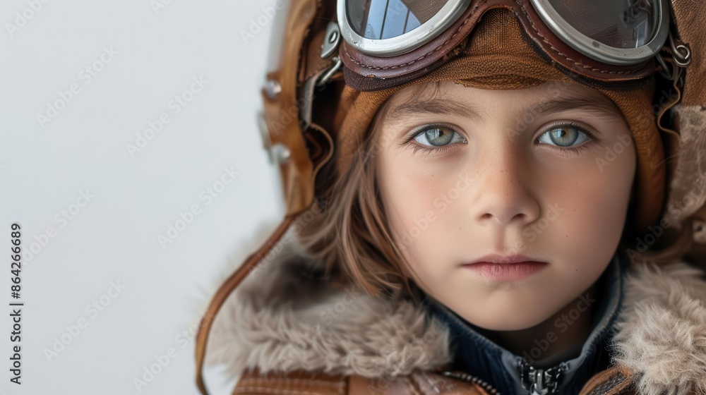 Boy dressed as a pilot with aviator hat and goggles, white background, copy space Boy dressed as a pilot with aviator hat and goggles, white background, copy space
