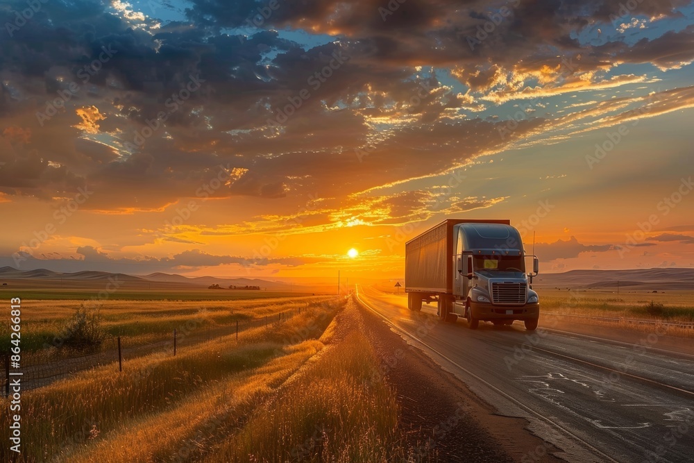 A truck navigates a rural road as the sun sets, casting a golden glow over the landscape. Witness the tranquil beauty of twilight. A truck navigates a rural road as the sun sets, casting a golden glow over the landscape. Witness the tranquil beauty of twilight.