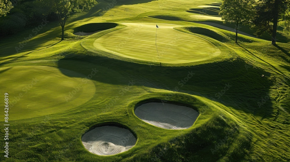 Fototapeta premium Bird's eye view of greenery and bunkers or sand traps at the golf course.