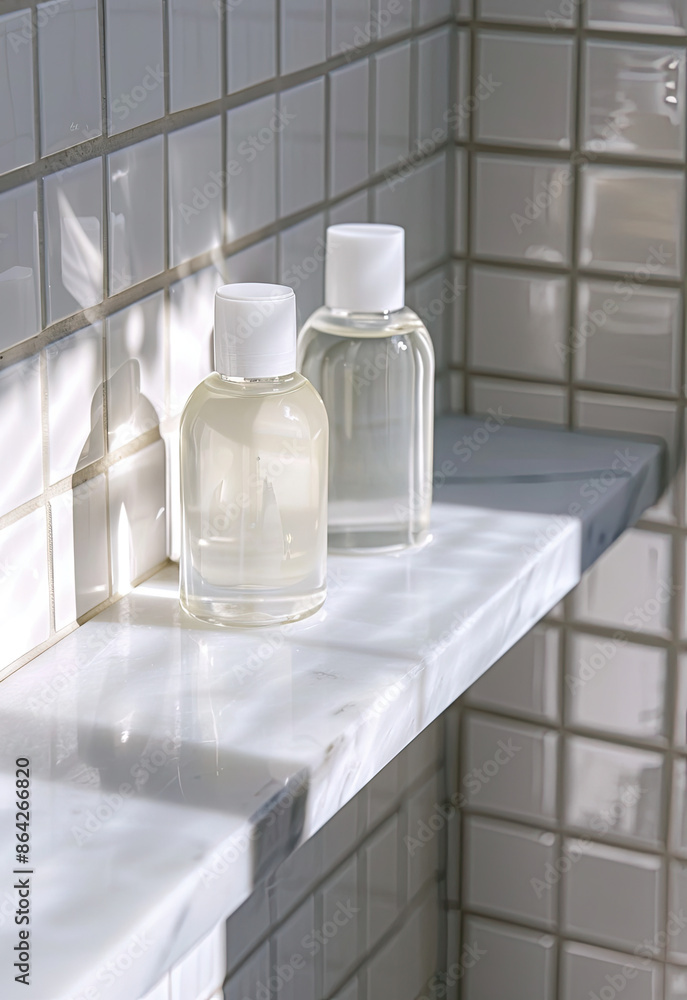 A closeup of two small bottles with white labels, one rectangular and the other round, placed on top of an elegant marble shelf in front of wall tiles in shades of grey. A closeup of two small bottles with white labels, one rectangular and the other round, placed on top of an elegant marble shelf in front of wall tiles in shades of grey.