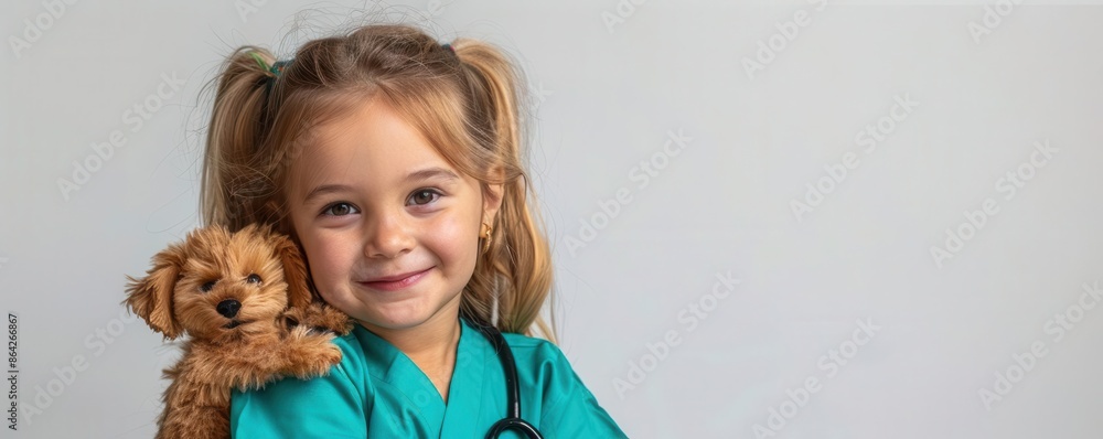 Little girl in veterinarian scrubs with a toy animal, white background, copy space Little girl in veterinarian scrubs with a toy animal, white background, copy space