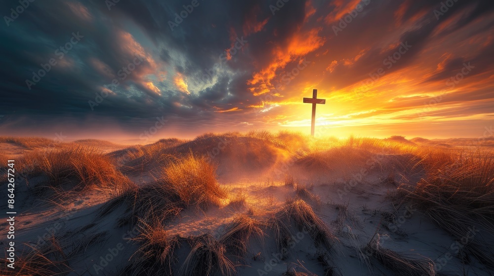 Ancient Cross Amidst Wind-Swept Dunes at Sunset Ancient Cross Amidst Wind-Swept Dunes at Sunset