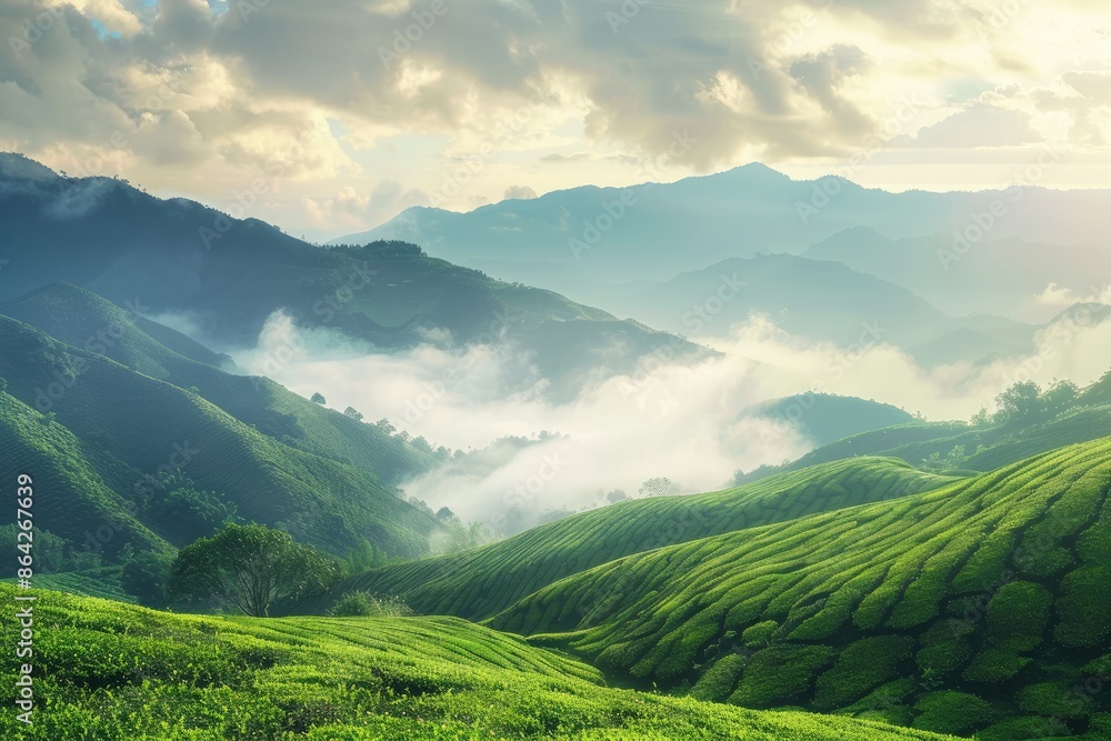 Fototapeta premium morning on the tea hill with the fog and the mountains. Creative banner. Copyspace image