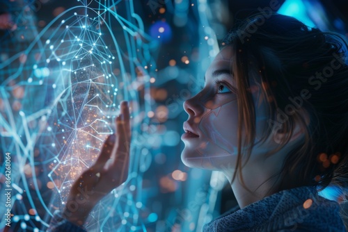 Wallpaper Mural Against a backdrop of technological marvels, a woman engages with an AI interface, enveloped by dynamic wireframe projections, showcasing the synergy between human intelligence and machine learning. Torontodigital.ca