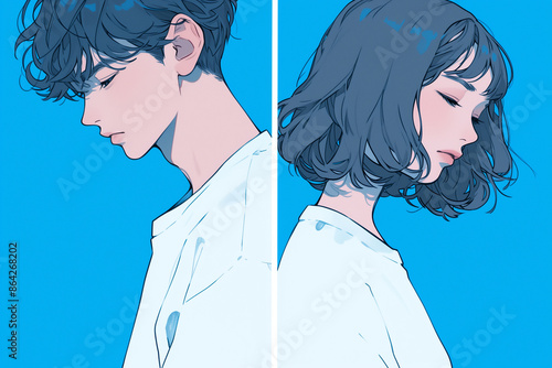 背中を向けている若い男女のカップルのイラスト「AI生成画像」