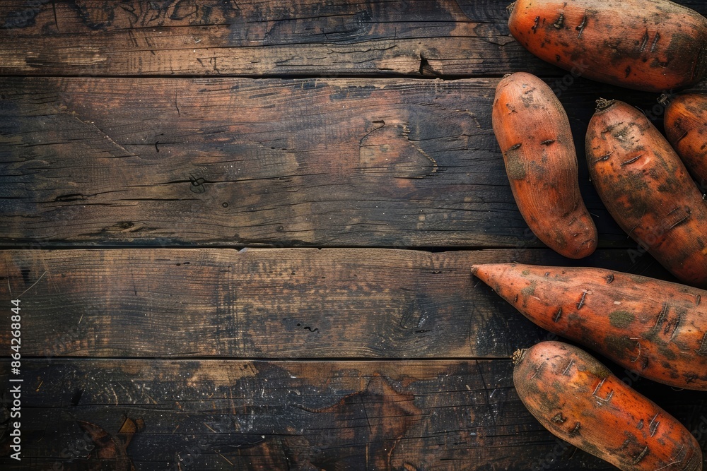 Old wooden table with sweet potato or batat providing ample copy space image Old wooden table with sweet potato or batat providing ample copy space image