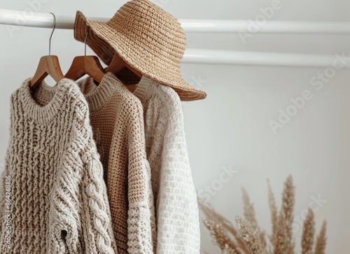 Three Knit Sweaters and a Straw Hat Hanging on a Wooden Closet Rod