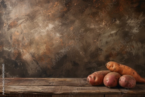 Old wooden table with sweet potato or batat providing ample copy space image photo