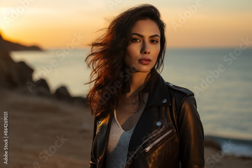 Portrait of a content indian woman in her 20s sporting a classic leather jacket in beautiful beach sunset