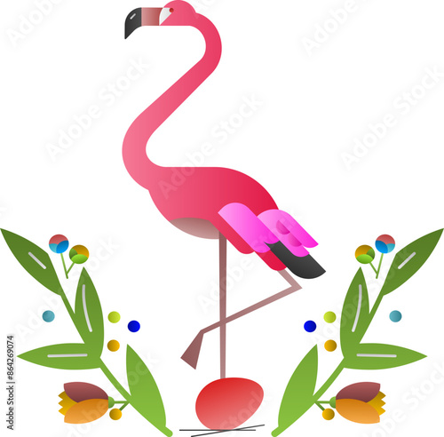 illustration of a flamingo in the grass, pink flamingo on green grass, flamingo, leaves monstera. Tropical leaves of palm tree and flowers.