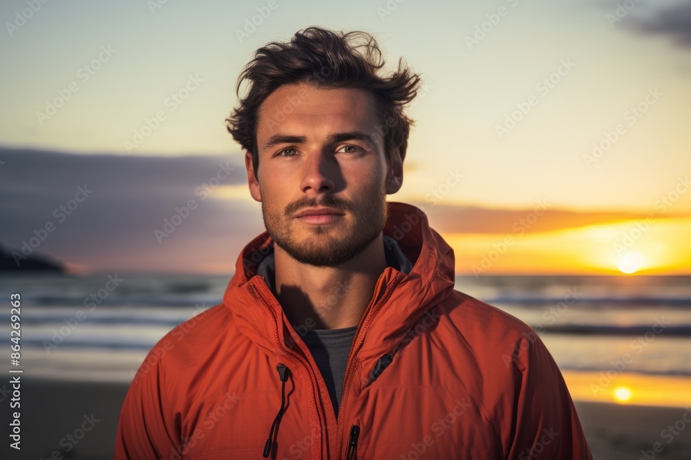 Fototapeta premium Portrait of a content man in his 20s wearing a windproof softshell on beautiful beach sunset