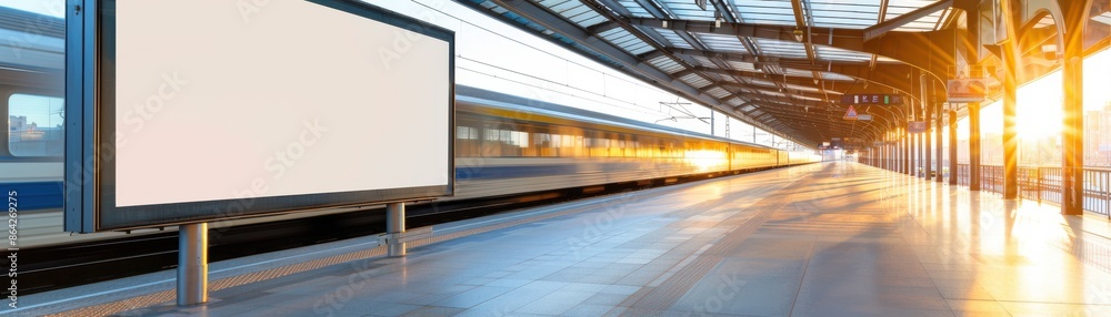 Empty train station platform with sunrise light and a blank billboard for advertising, ideal for travel and transportation themes. Empty train station platform with sunrise light and a blank billboard for advertising, ideal for travel and transportation themes.