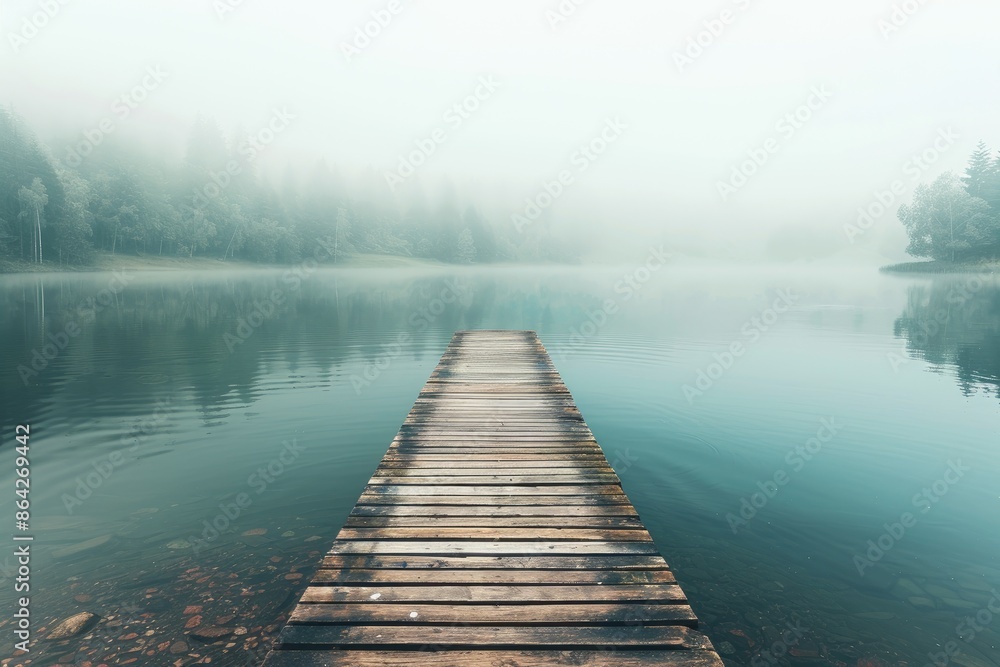 Fototapeta premium A serene lake with a wooden dock at the end surrounded by a peaceful walkway perfectly captured in this copy space image