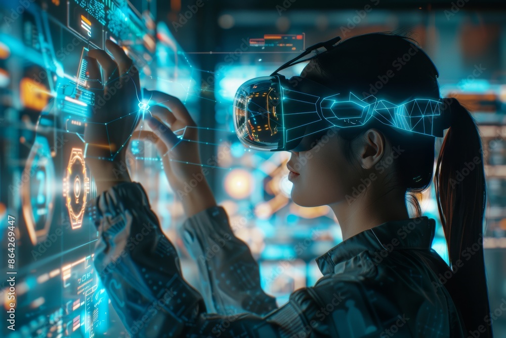 With a focus on innovation, a woman explores an AI interface, immersed in a virtual realm of wireframe visuals, illustrating the seamless integration of human insight with artificial intelligence. With a focus on innovation, a woman explores an AI interface, immersed in a virtual realm of wireframe visuals, illustrating the seamless integration of human insight with artificial intelligence.