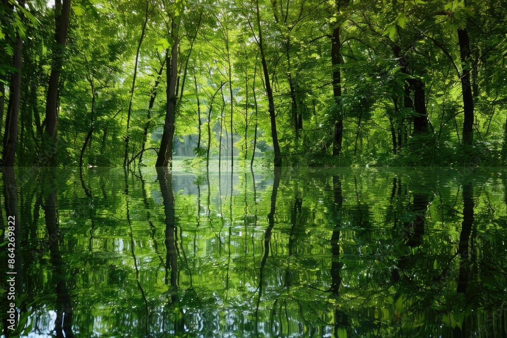 Obraz premium The image features a serene reflection of trees in water providing ample copy space for text or other additions