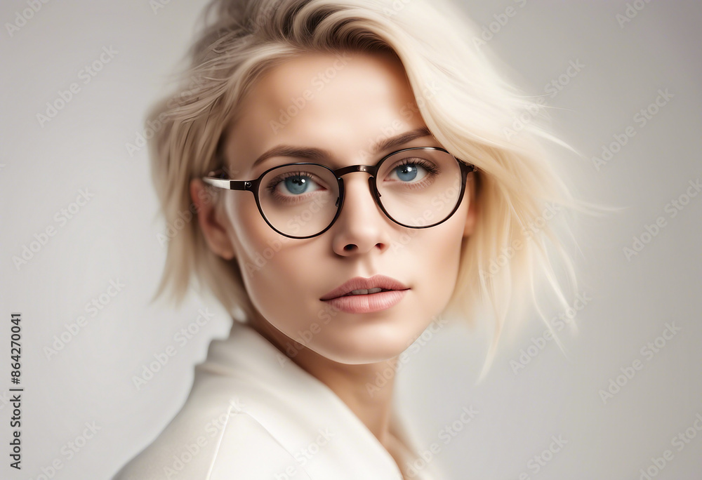 Portrait of handsome young collage woman with blond hair and eyeglasses, isolated white background Portrait of handsome young collage woman with blond hair and eyeglasses, isolated white background