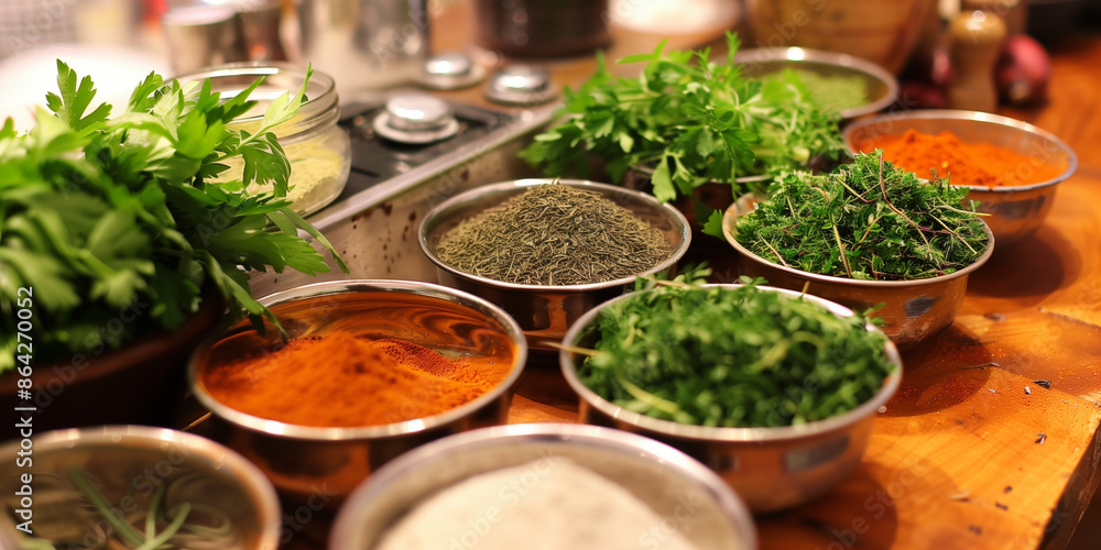 A variety of fresh herbs and colorful spices are displayed in metal bowls on a wooden surface, showcasing the vibrant and diverse ingredients used in cooking. A variety of fresh herbs and colorful spices are displayed in metal bowls on a wooden surface, showcasing the vibrant and diverse ingredients used in cooking.