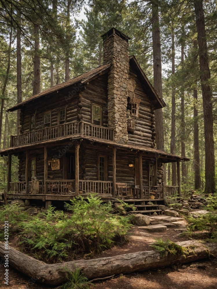 Rustic log cabin stands amidst dense forest, surrounded by tall trees, lush greenery. Two-story structure features stone chimney, wooden railings, porch with rocking chairs. Cabin's weathered wood. Rustic log cabin stands amidst dense forest, surrounded by tall trees, lush greenery. Two-story structure features stone chimney, wooden railings, porch with rocking chairs. Cabin's weathered wood.