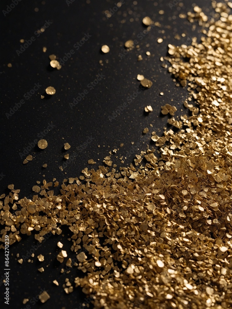 Gold flakes scattered across dark surface. Image shows large concentration of gold flakes on right side, gradually thinning out towards left. Flakes range in size, shape, reflecting light. Gold flakes scattered across dark surface. Image shows large concentration of gold flakes on right side, gradually thinning out towards left. Flakes range in size, shape, reflecting light.