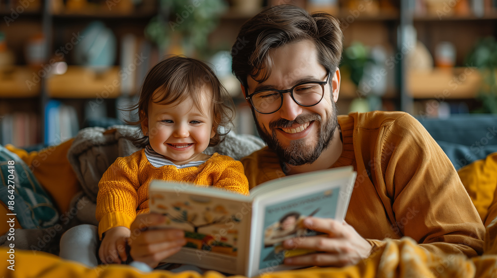 Portrait of a smiling father and his little daughter reading book at home Portrait of a smiling father and his little daughter reading book at home