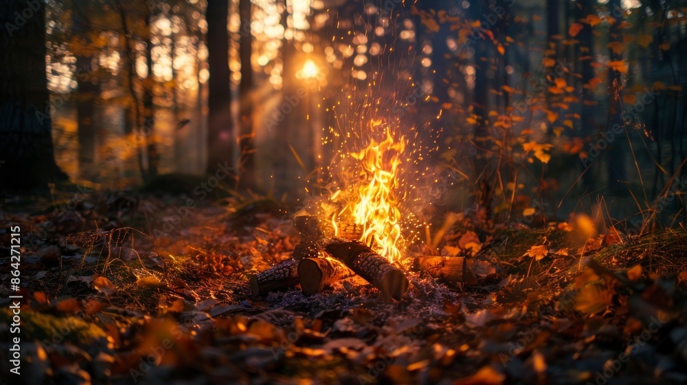 wood bonfire in a forest in autumn on a sunset wood bonfire in a forest in autumn on a sunset