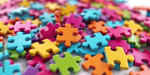 Describe a jigsaw puzzle with colorful pieces scattered, waiting to be assembled into a picture. on white background