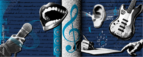 The vector illustration collage of: The essence of singing a melodious song, featuring musical notes, a microphone in hand, writing a song, and ear-soothing tunes released from the guitar.