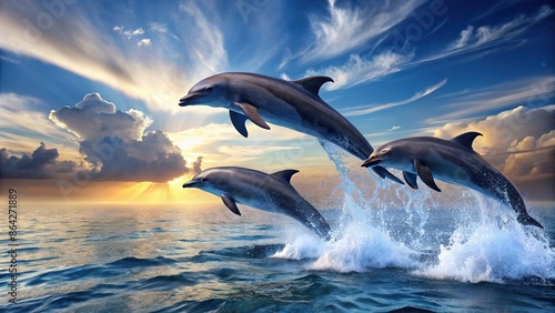Illustrated dolphins jumping out of water, dolphins, ocean, marine life, aquatic, animals, jump, splash, playful, sea,fun © artsakon
