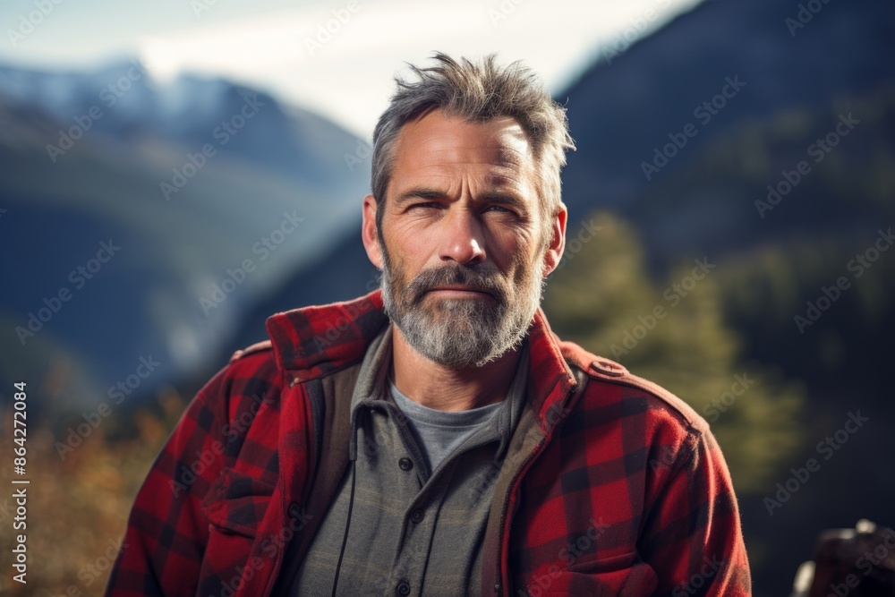 Portrait of a tender man in his 50s wearing a comfy flannel shirt isolated in backdrop of mountain peaks Portrait of a tender man in his 50s wearing a comfy flannel shirt isolated in backdrop of mountain peaks