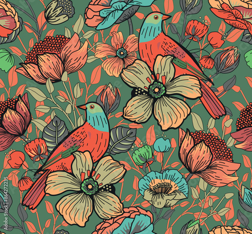 Seamless pattern for textile or wallpaper with flowers, leaves and birds. Full color print. 