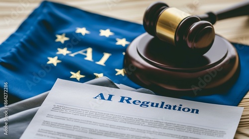 EU AI Regulation Document Stack and Gavel with European Union Flag in Background