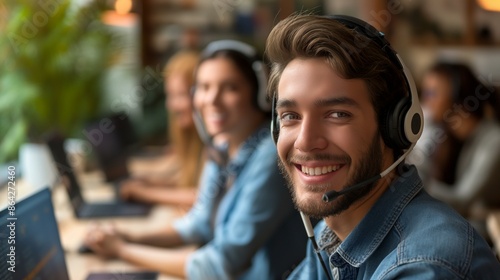 Smiling Male And Female Call Center Operators With Headsets In Office Environment © Generative ART