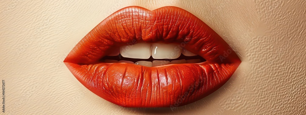 close up of a red lip with a white teeth close up of a red lip with a white teeth