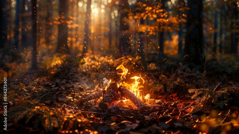 wood bonfire in a forest in autumn on a sunset wood bonfire in a forest in autumn on a sunset