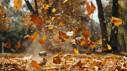 Autumn leaves float and swirl mid-air, caught in a gentle breeze, creating a dynamic scene of vibrant orange and yellow colors against a forest backdrop.