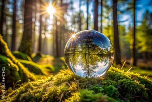  a crystal globe on moss, reflecting the surrounding forest and trees