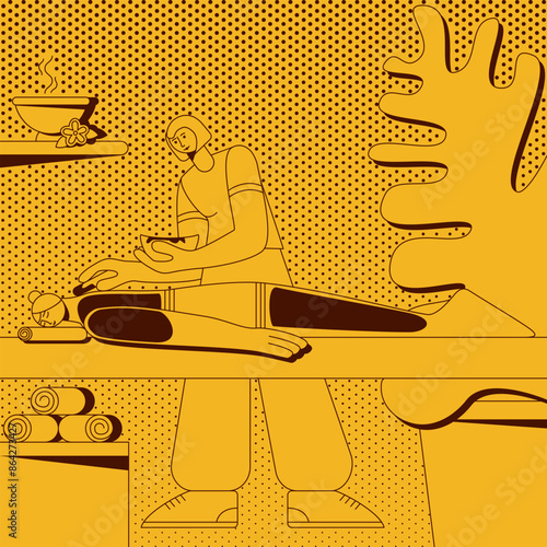 Body wrap with thermal coverings. Treatments by professional therapist in spa. SPA design concept.  Isolated vector illustration in retro style.