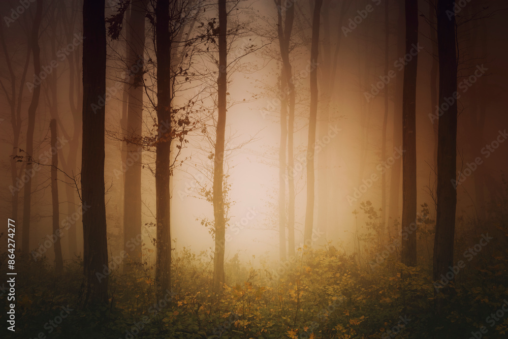 autumn sunset in dark mysterious woods autumn sunset in dark mysterious woods