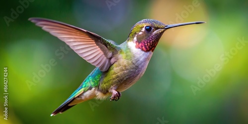 A close-up shot of a hummingbird in mid-flight, hummingbird, vibrant, colors, wings, movement, nature, wildlife, beauty, feathers