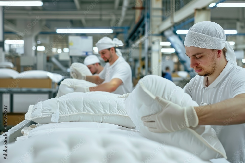 Factory workers inspecting and packaging freshly made pillows, emphasis on quality control and efficiency, neat and organized workspace Factory workers inspecting and packaging freshly made pillows, emphasis on quality control and efficiency, neat and organized workspace
