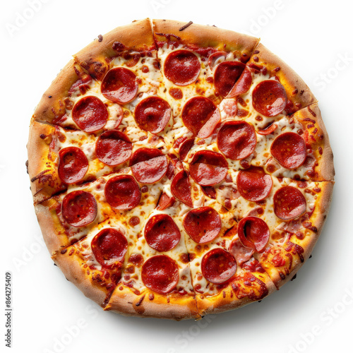 A pepperoni pizza with crispy edges and melted cheese, isolated on white background