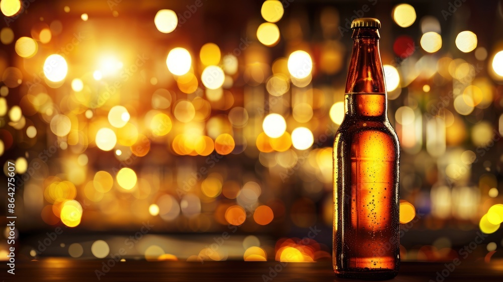 A Cold Beer on a Bar Counter with a Warm, Festive Glow A Cold Beer on a Bar Counter with a Warm, Festive Glow