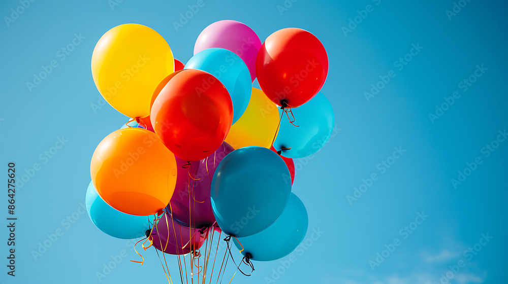Joyful Celebration: Colorful Balloons Against Clear Blue Sky Joyful Celebration: Colorful Balloons Against Clear Blue Sky
