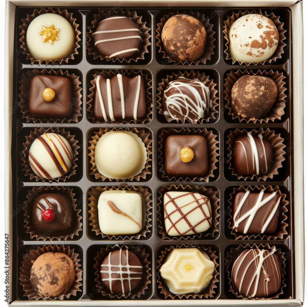 A box of assorted chocolates with various fillings, isolated on white background A box of assorted chocolates with various fillings, isolated on white background